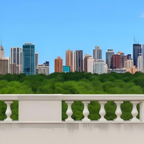 Digital Painting A Modern City Skyline With Tall Buildings And Office Buildings In The Background Viewed From A Terrace With A White Stone Railing In The Foreground And Green Trees Or Bushes Below Bold And Slim Lines 15 Cb06