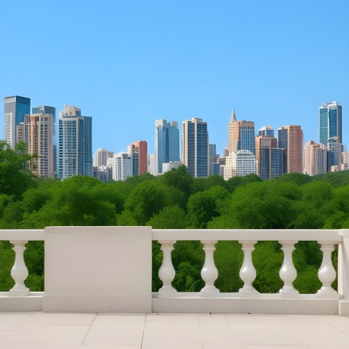 Digital Painting A Modern City Skyline With Tall Buildings And Office Buildings In The Background Viewed From A Terrace With A White Stone Railing In The Foreground And Green Trees Or Bushes Below Bold And Slim Lines 16 9a5d