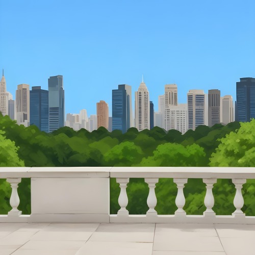 Digital Painting A Modern City Skyline With Tall Buildings And Office Buildings In The Background Viewed From A Terrace With A White Stone Railing In The Foreground And Green Trees Or Bushes Below Bold And Slim Lines 17 5add