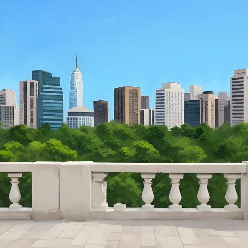 Digital Painting A Modern City Skyline With Tall Buildings And Office Buildings In The Background Viewed From A Terrace With A White Stone Railing In The Foreground And Green Trees Or Bushes Below Bold And Slim Lines 18 0f08