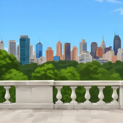 Digital Painting A Modern City Skyline With Tall Buildings And Office Buildings In The Background Viewed From A Terrace With A White Stone Railing In The Foreground And Green Trees Or Bushes Below Bold And Slim Lines 19 0686