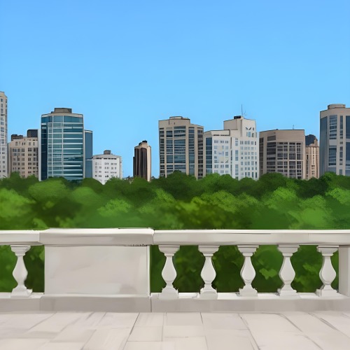 Digital Painting A Modern City Skyline With Tall Buildings And Office Buildings In The Background Viewed From A Terrace With A White Stone Railing In The Foreground And Green Trees Or Bushes Below Bold And Slim Lines 20 5142