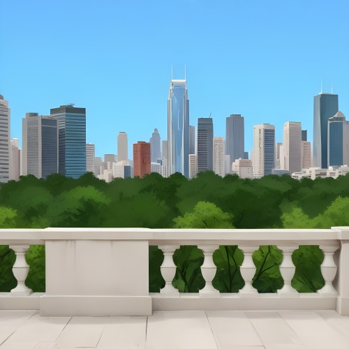 Digital Painting A Modern City Skyline With Tall Buildings And Office Buildings In The Background Viewed From A Terrace With A White Stone Railing In The Foreground And Green Trees Or Bushes Below Bold And Slim Lines 21 0cc4