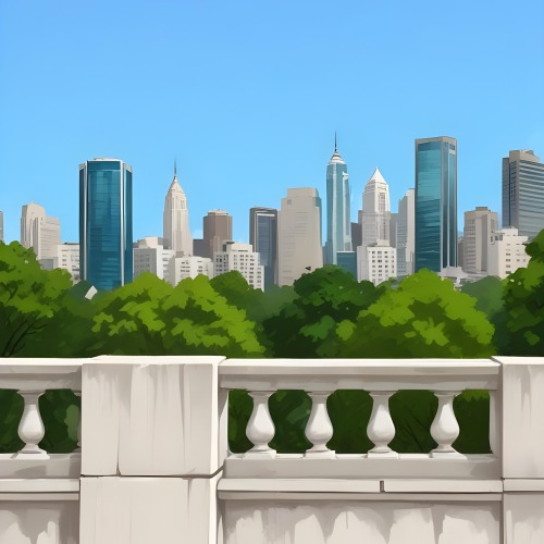 Digital Painting A Modern City Skyline With Tall Buildings And Office Buildings In The Background Viewed From A Terrace With A White Stone Railing In The Foreground And Green Trees Or Bushes Below Bold And Slim Lines 22 C608