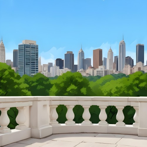 Digital Painting A Modern City Skyline With Tall Buildings And Office Buildings In The Background Viewed From A Terrace With A White Stone Railing In The Foreground And Green Trees Or Bushes Below Bold And Slim Lines 23 40c4
