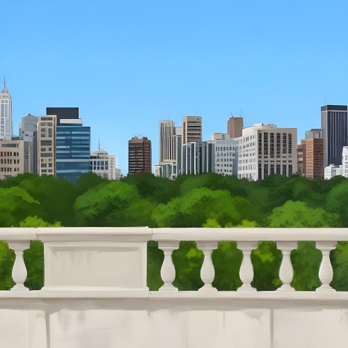 Digital Painting A Modern City Skyline With Tall Buildings And Office Buildings In The Background Viewed From A Terrace With A White Stone Railing In The Foreground And Green Trees Or Bushes Below Bold And Slim Lines 24 99c8