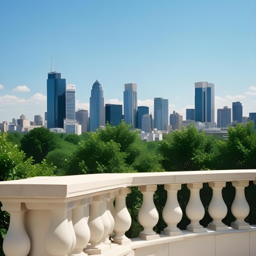 Digital Painting A Modern City Skyline With Tall Buildings And Office Buildings In The Background Viewed From A Terrace With A White Stone Railing In The Foreground And Green Trees Or Bushes Below Bold And Slim Lines 3 Dcdd