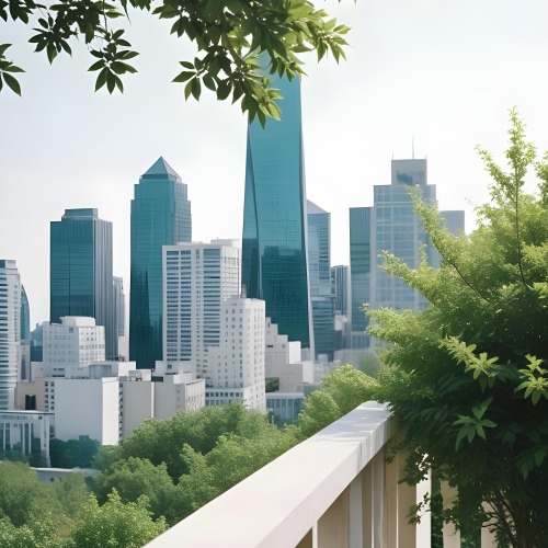 Digital Painting A Modern City Skyline With Tall Buildings And Office Buildings In The Background Viewed From A Terrace With A White Stone Railing In The Foreground And Green Trees Or Bushes Below Bold And Slim Lines 4 Ff3b