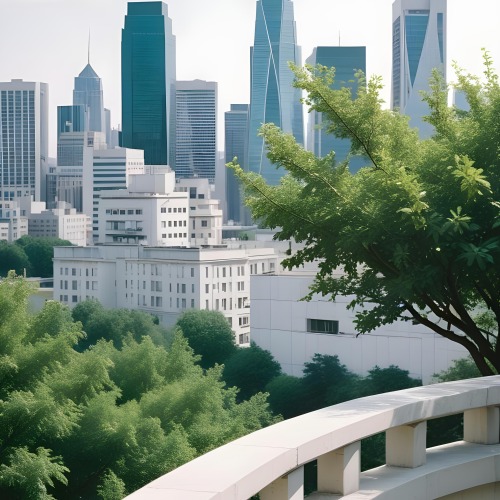Digital Painting A Modern City Skyline With Tall Buildings And Office Buildings In The Background Viewed From A Terrace With A White Stone Railing In The Foreground And Green Trees Or Bushes Below Bold And Slim Lines 5 82fa