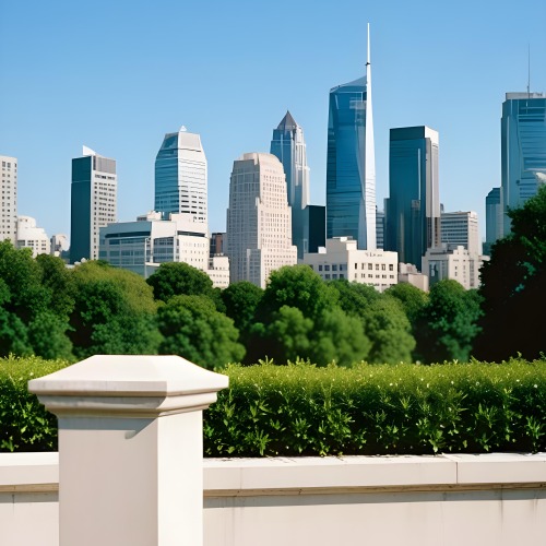 Digital Painting A Modern City Skyline With Tall Buildings And Office Buildings In The Background Viewed From A Terrace With A White Stone Railing In The Foreground And Green Trees Or Bushes Below Bold And Slim Lines 6 2270