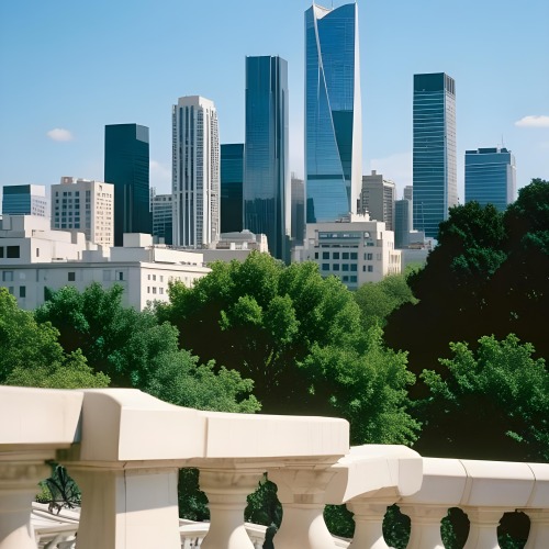 Digital Painting A Modern City Skyline With Tall Buildings And Office Buildings In The Background Viewed From A Terrace With A White Stone Railing In The Foreground And Green Trees Or Bushes Below Bold And Slim Lines 7 2046