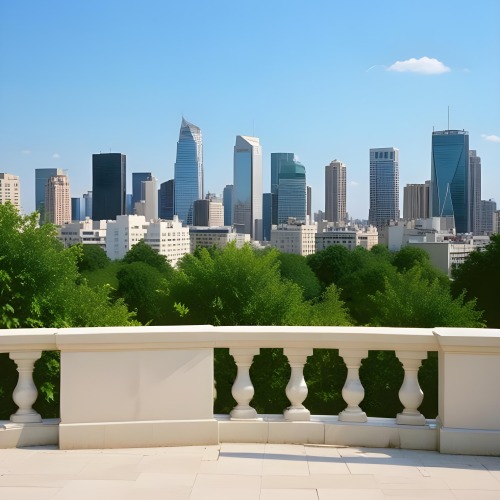 Digital Painting A Modern City Skyline With Tall Buildings And Office Buildings In The Background Viewed From A Terrace With A White Stone Railing In The Foreground And Green Trees Or Bushes Below Bold And Slim Lines 8 3bb8