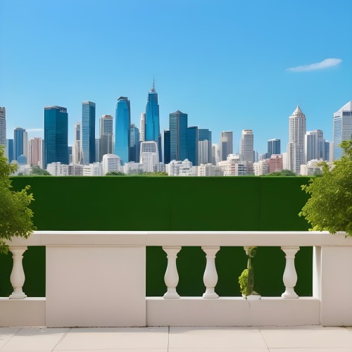 Digital Painting A Modern City Skyline With Tall Buildings And Office Buildings In The Background Viewed From A Terrace With A White Stone Railing In The Foreground And Green Trees Or Bushes Below Bold And Slim Lines 9 1459