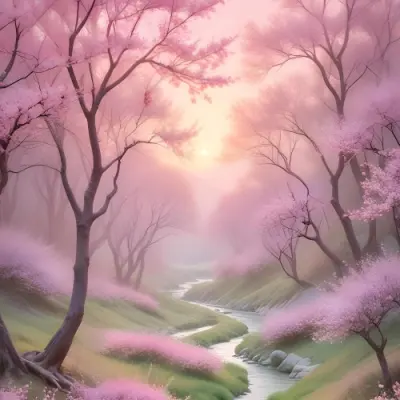Digital Painting A Tranquil Landscape Featuring Trees With Pink Blossoms Soft Hills And A Winding Stream The Background Has A Pastel Color Palette With Shades Of Pink Purple And Light Green Illuminated By A Sof 11 F693