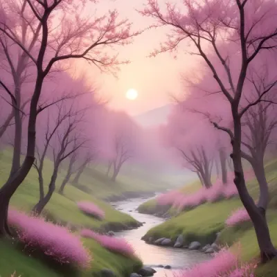 Digital Painting A Tranquil Landscape Featuring Trees With Pink Blossoms Soft Hills And A Winding Stream The Background Has A Pastel Color Palette With Shades Of Pink Purple And Light Green Illuminated By A Sof 15 197c