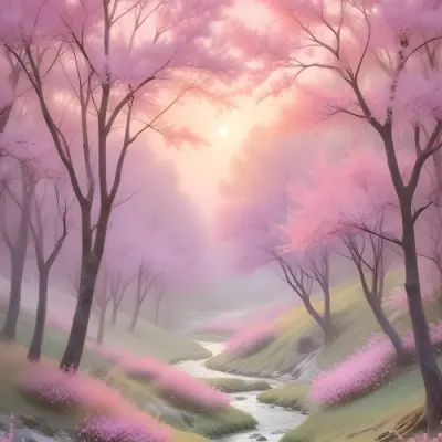 Digital Painting A Tranquil Landscape Featuring Trees With Pink Blossoms Soft Hills And A Winding Stream The Background Has A Pastel Color Palette With Shades Of Pink Purple And Light Green Illuminated By A Sof 17 Ac4b