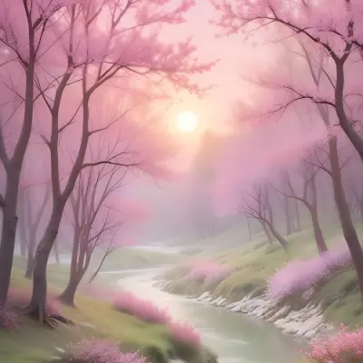 Digital Painting A Tranquil Landscape Featuring Trees With Pink Blossoms Soft Hills And A Winding Stream The Background Has A Pastel Color Palette With Shades Of Pink Purple And Light Green Illuminated By A Sof 21 Dea5