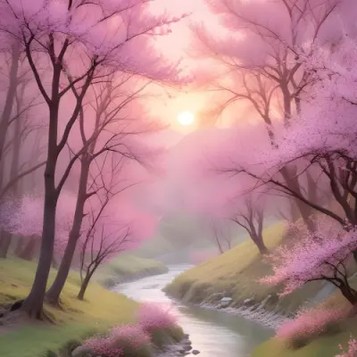 Digital Painting A Tranquil Landscape Featuring Trees With Pink Blossoms Soft Hills And A Winding Stream The Background Has A Pastel Color Palette With Shades Of Pink Purple And Light Green Illuminated By A Sof 25 B9f8