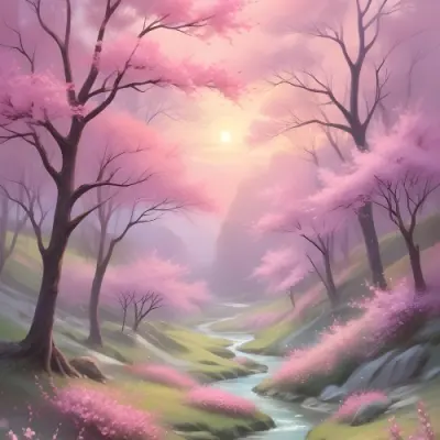 Digital Painting A Tranquil Landscape Featuring Trees With Pink Blossoms Soft Hills And A Winding Stream The Background Has A Pastel Color Palette With Shades Of Pink Purple And Light Green Illuminated By A Sof 26 Eb1e