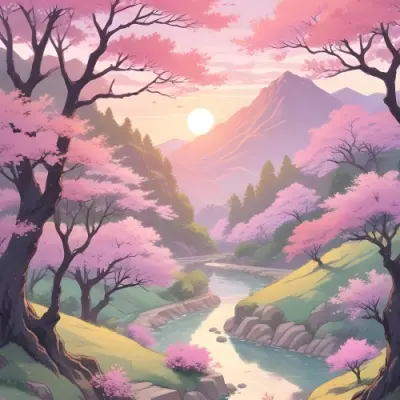 Digital Painting A Tranquil Landscape Featuring Trees With Pink Blossoms Soft Hills And A Winding Stream The Background Has A Pastel Color Palette With Shades Of Pink Purple And Light Green Illuminated By A Sof 3 5747