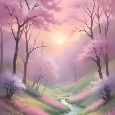 Digital Painting A Tranquil Landscape Featuring Trees With Pink Blossoms Soft Hills And A Winding Stream The Background Has A Pastel Color Palette With Shades Of Pink Purple And Light Green Illuminated By A Sof 33 7542