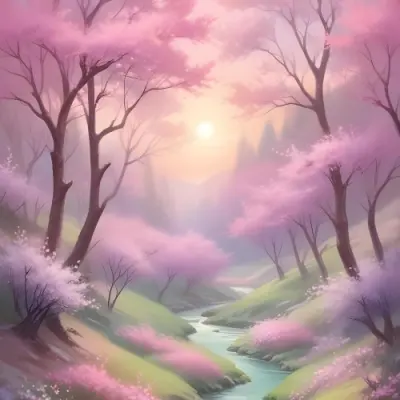 Digital Painting A Tranquil Landscape Featuring Trees With Pink Blossoms Soft Hills And A Winding Stream The Background Has A Pastel Color Palette With Shades Of Pink Purple And Light Green Illuminated By A Sof 35 2c66