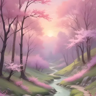 Digital Painting A Tranquil Landscape Featuring Trees With Pink Blossoms Soft Hills And A Winding Stream The Background Has A Pastel Color Palette With Shades Of Pink Purple And Light Green Illuminated By A Sof 39 B575