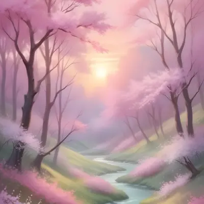 Digital Painting A Tranquil Landscape Featuring Trees With Pink Blossoms Soft Hills And A Winding Stream The Background Has A Pastel Color Palette With Shades Of Pink Purple And Light Green Illuminated By A Sof 42 E3be