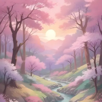 Digital Painting A Tranquil Landscape Featuring Trees With Pink Blossoms Soft Hills And A Winding Stream The Background Has A Pastel Color Palette With Shades Of Pink Purple And Light Green Illuminated By A Sof 6 4199