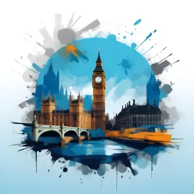 Digital Painting Big Ben And Other Monuments With A Blue Background Bold And Slim Lines Brush Strokes 1 A7f7