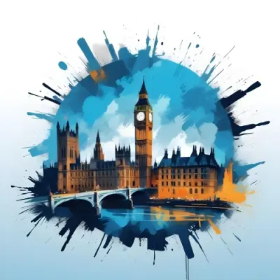 Digital Painting Big Ben And Other Monuments With A Blue Background Bold And Slim Lines Brush Strokes 15 Ecb4