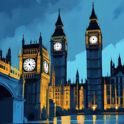 Digital Painting Big Ben And Other Monuments With A Blue Background Bold And Slim Lines Brush Strokes 22 9470