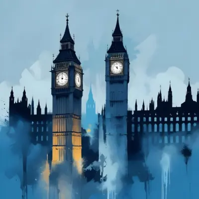 Digital Painting Big Ben And Other Monuments With A Blue Background Bold And Slim Lines Brush Strokes 32 9a7a