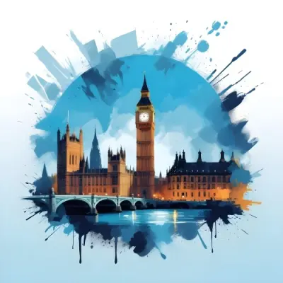 Digital Painting Big Ben And Other Monuments With A Blue Background Bold And Slim Lines Brush Strokes 4 E426