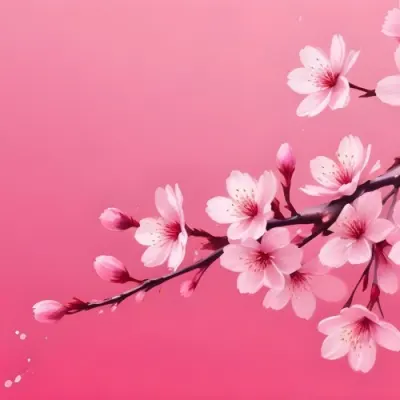 Digital Painting Cherry Blossom Branch With Pink Flowers And Falling Petals On A Vibrant Pink Gradient Background Soft Lighting Minimalist Composition Japanese Aesthetic Spring Season Bold And Slim Lines Brush Str 72 9b41