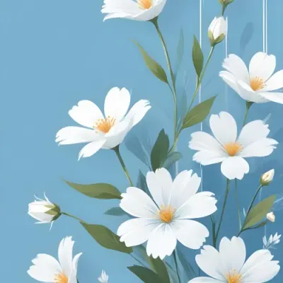 Digital Painting Light Blue Background With White Flowers In The Corners And Light Blue Lines On The Sides Minimalist Design Soft Colors Clean And Simple Bold And Slim Lines Brush Strokes 13 2135