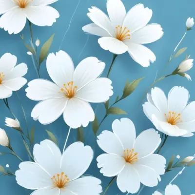 Digital Painting Light Blue Background With White Flowers In The Corners And Light Blue Lines On The Sides Minimalist Design Soft Colors Clean And Simple Bold And Slim Lines Brush Strokes 7 27d8