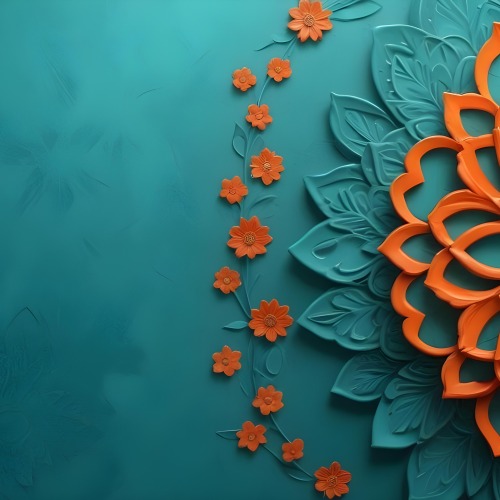 Digital Painting Turquoise Background With Embossed Floral Pattern On The Left Orange Flowers In The Center And A Turquoise And Orange Mandala On The Right Bold And Slim Lines Brush Strokes 1 31df
