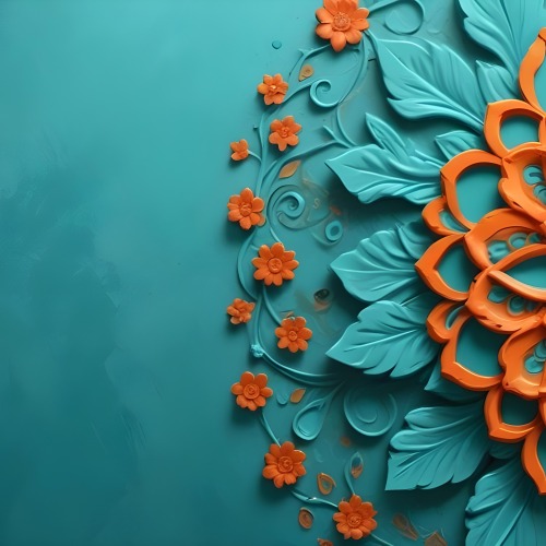 Digital Painting Turquoise Background With Embossed Floral Pattern On The Left Orange Flowers In The Center And A Turquoise And Orange Mandala On The Right Bold And Slim Lines Brush Strokes 10 8eb8