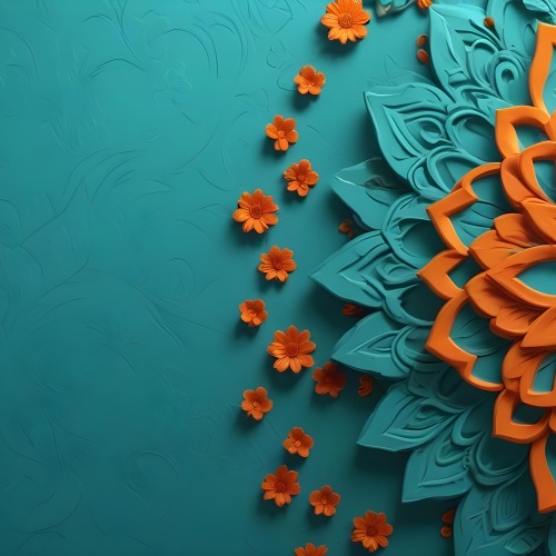 Digital Painting Turquoise Background With Embossed Floral Pattern On The Left Orange Flowers In The Center And A Turquoise And Orange Mandala On The Right Bold And Slim Lines Brush Strokes 11 F960