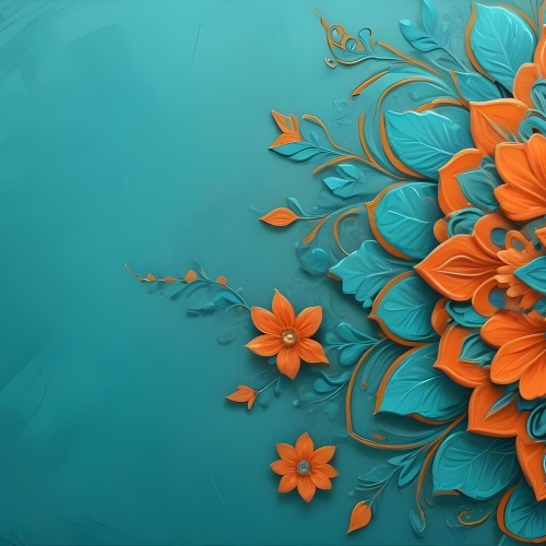Digital Painting Turquoise Background With Embossed Floral Pattern On The Left Orange Flowers In The Center And A Turquoise And Orange Mandala On The Right Bold And Slim Lines Brush Strokes 12 6bbc