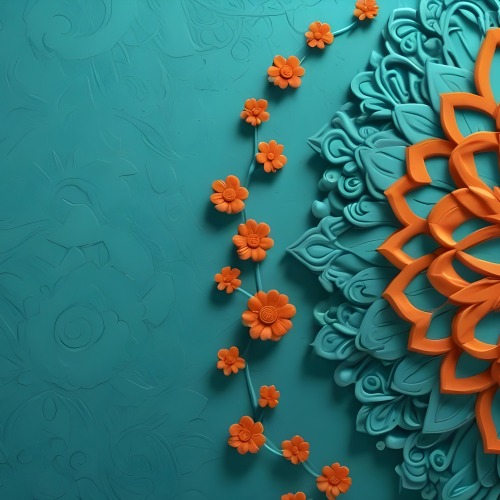 Digital Painting Turquoise Background With Embossed Floral Pattern On The Left Orange Flowers In The Center And A Turquoise And Orange Mandala On The Right Bold And Slim Lines Brush Strokes 13 E00b