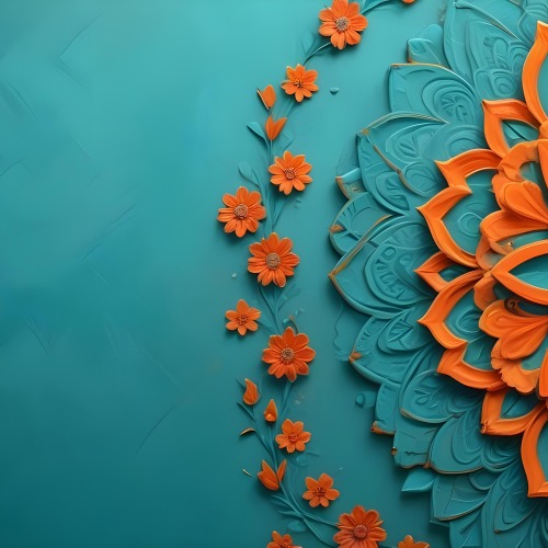 Digital Painting Turquoise Background With Embossed Floral Pattern On The Left Orange Flowers In The Center And A Turquoise And Orange Mandala On The Right Bold And Slim Lines Brush Strokes 14 5826