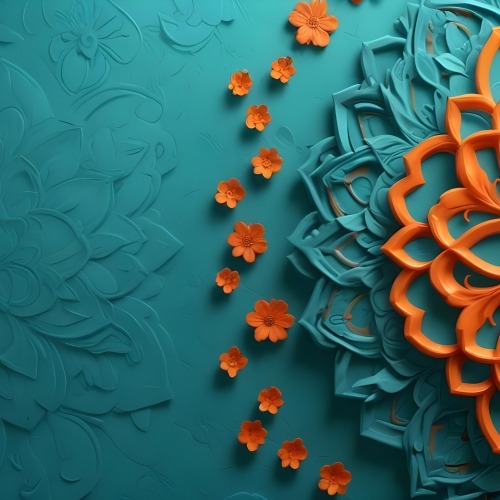 Digital Painting Turquoise Background With Embossed Floral Pattern On The Left Orange Flowers In The Center And A Turquoise And Orange Mandala On The Right Bold And Slim Lines Brush Strokes 15 A0b6