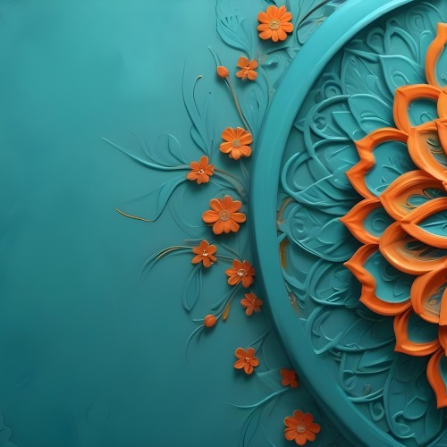 Digital Painting Turquoise Background With Embossed Floral Pattern On The Left Orange Flowers In The Center And A Turquoise And Orange Mandala On The Right Bold And Slim Lines Brush Strokes 16 D5de