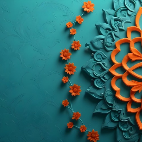 Digital Painting Turquoise Background With Embossed Floral Pattern On The Left Orange Flowers In The Center And A Turquoise And Orange Mandala On The Right Bold And Slim Lines Brush Strokes 17 6acd
