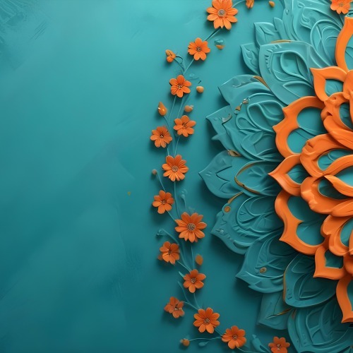 Digital Painting Turquoise Background With Embossed Floral Pattern On The Left Orange Flowers In The Center And A Turquoise And Orange Mandala On The Right Bold And Slim Lines Brush Strokes 18 F0d4