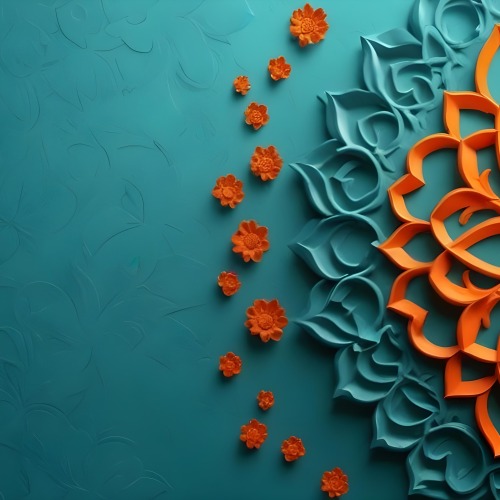 Digital Painting Turquoise Background With Embossed Floral Pattern On The Left Orange Flowers In The Center And A Turquoise And Orange Mandala On The Right Bold And Slim Lines Brush Strokes 19 E502