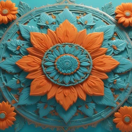 Digital Painting Turquoise Background With Embossed Floral Pattern On The Left Orange Flowers In The Center And A Turquoise And Orange Mandala On The Right Bold And Slim Lines Brush Strokes 2 3ea9