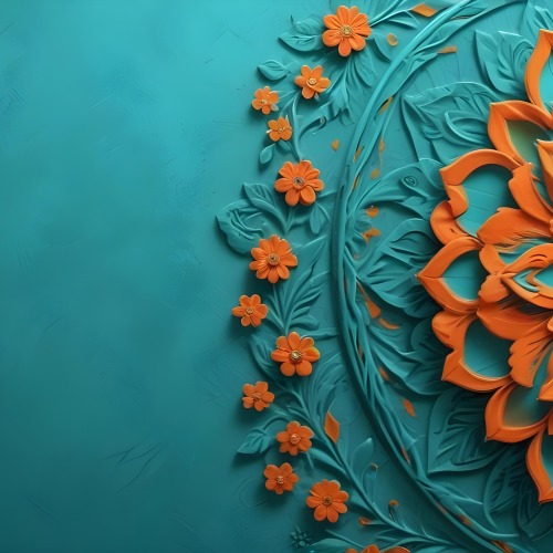 Digital Painting Turquoise Background With Embossed Floral Pattern On The Left Orange Flowers In The Center And A Turquoise And Orange Mandala On The Right Bold And Slim Lines Brush Strokes 20 5882